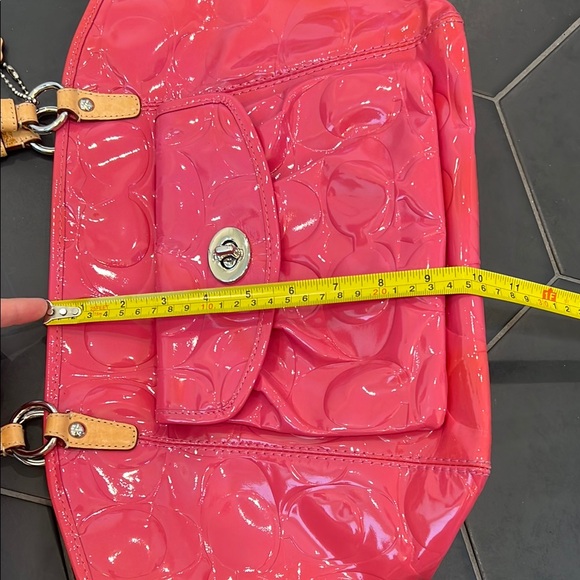 Coach Pink and Tan Patent Leather Shoulder Bag with Signature Pattern - Picture 9 of 9